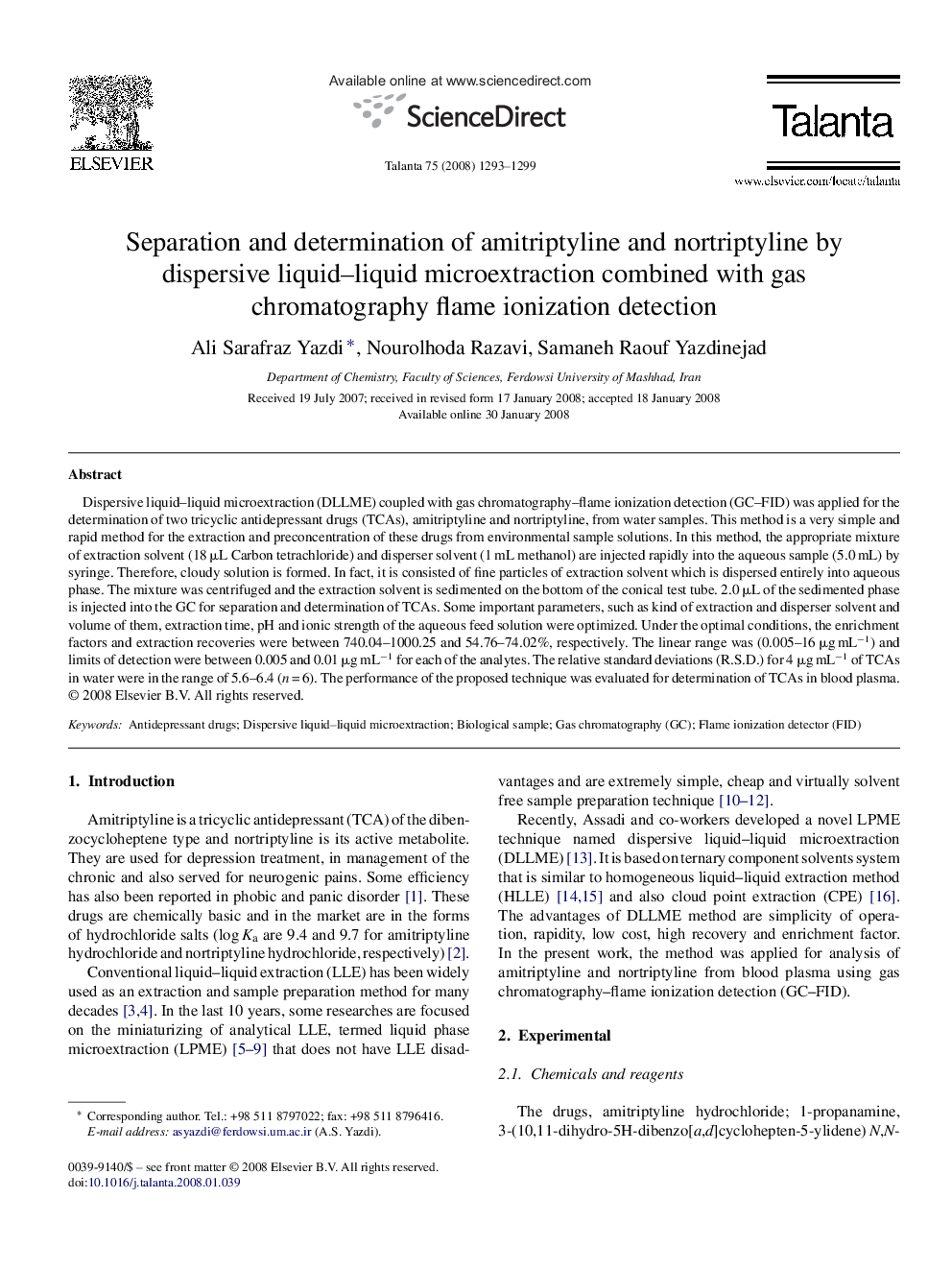 Separation and determination of amitriptyline and nortriptyline by dispersive liquid–liquid microextraction combined with gas chromatography flame ionization detection