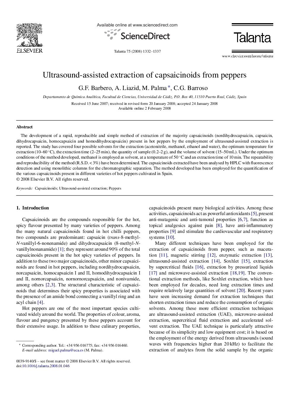 Ultrasound-assisted extraction of capsaicinoids from peppers