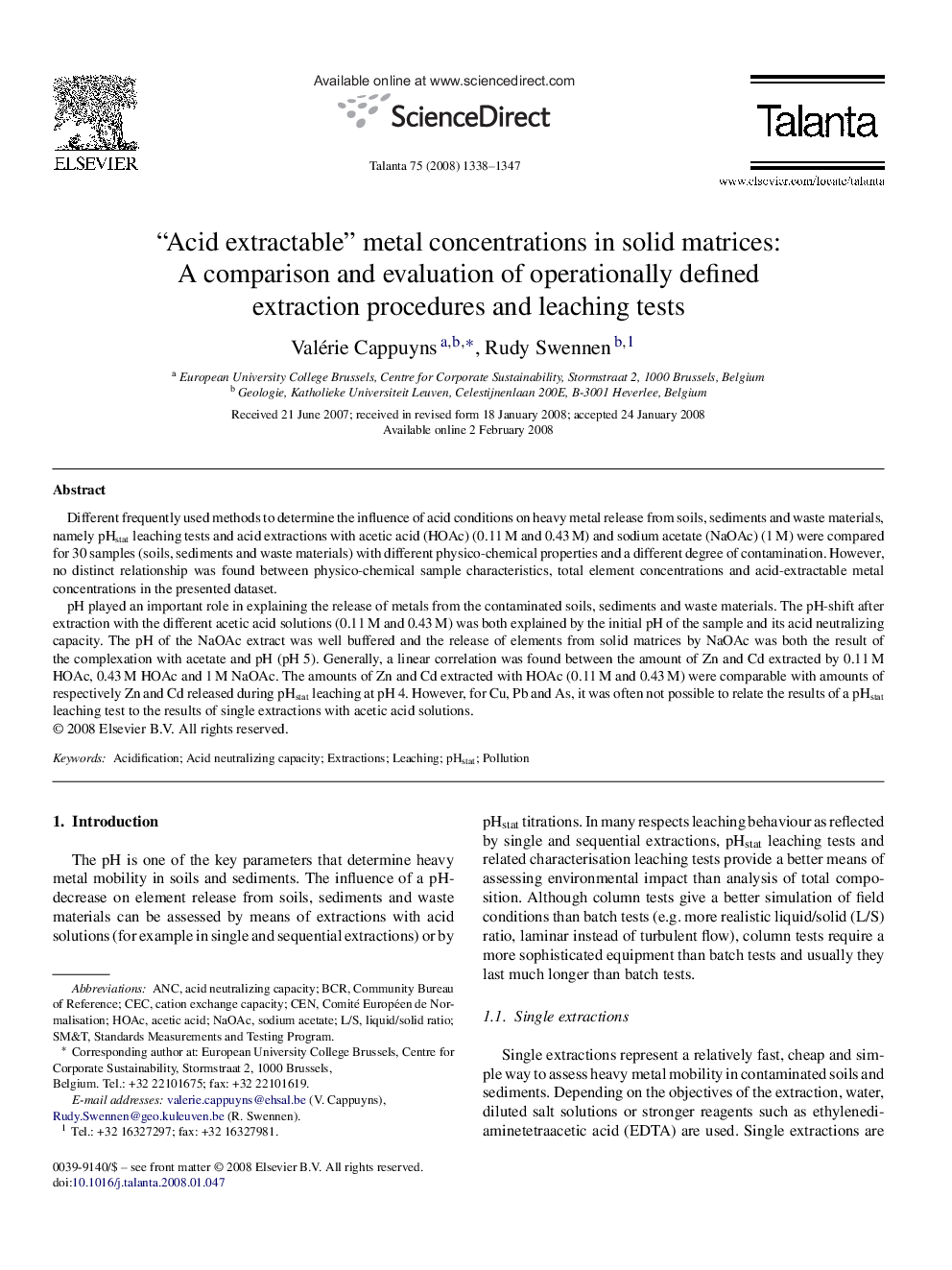 “Acid extractable” metal concentrations in solid matrices: A comparison and evaluation of operationally defined extraction procedures and leaching tests