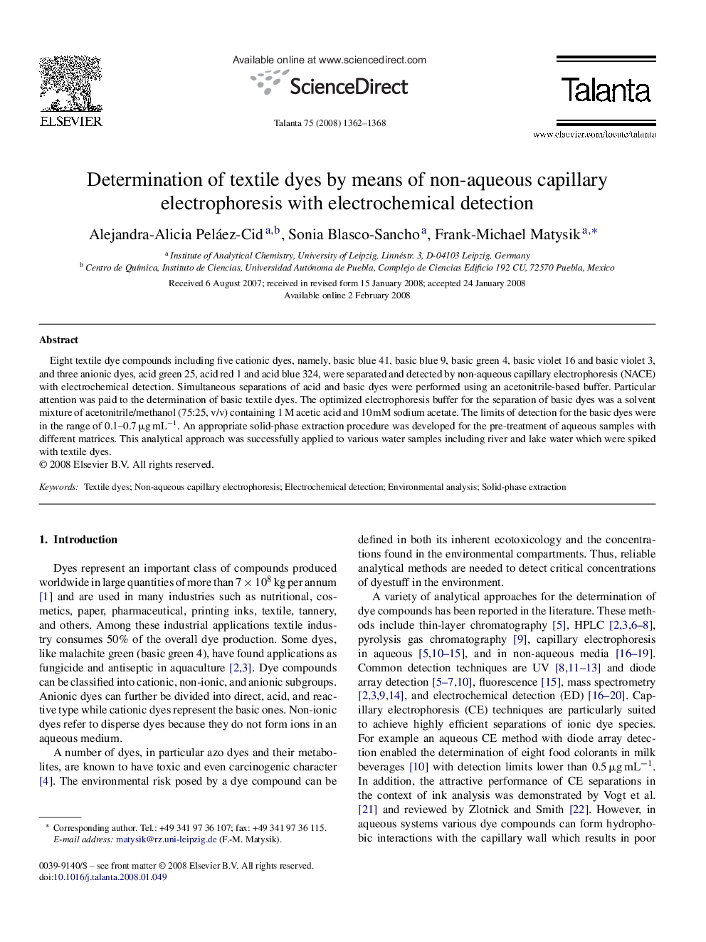 Determination of textile dyes by means of non-aqueous capillary electrophoresis with electrochemical detection