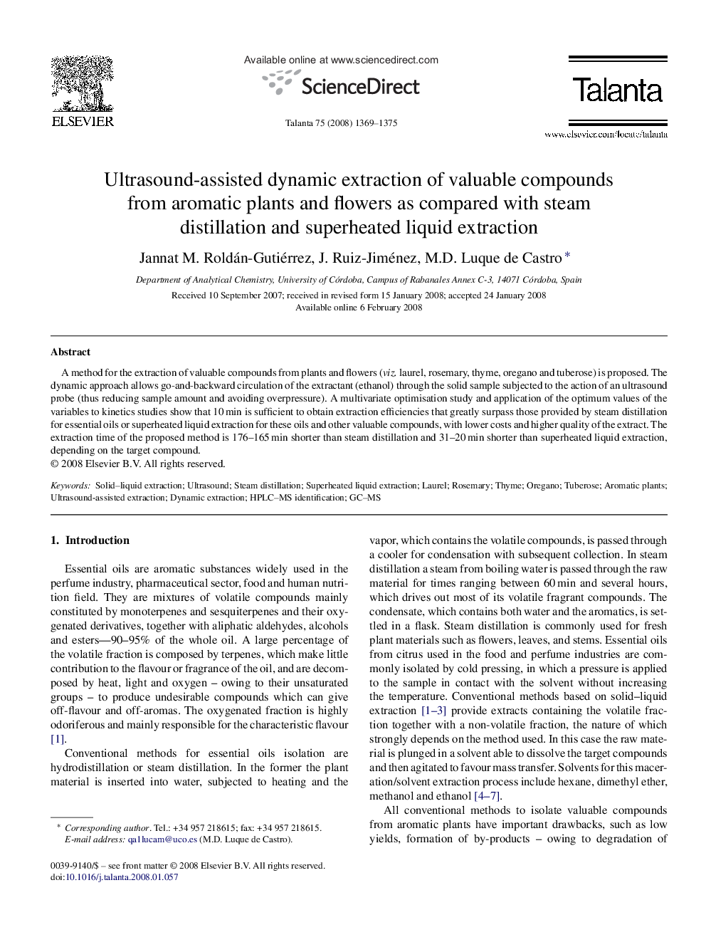 Ultrasound-assisted dynamic extraction of valuable compounds from aromatic plants and flowers as compared with steam distillation and superheated liquid extraction