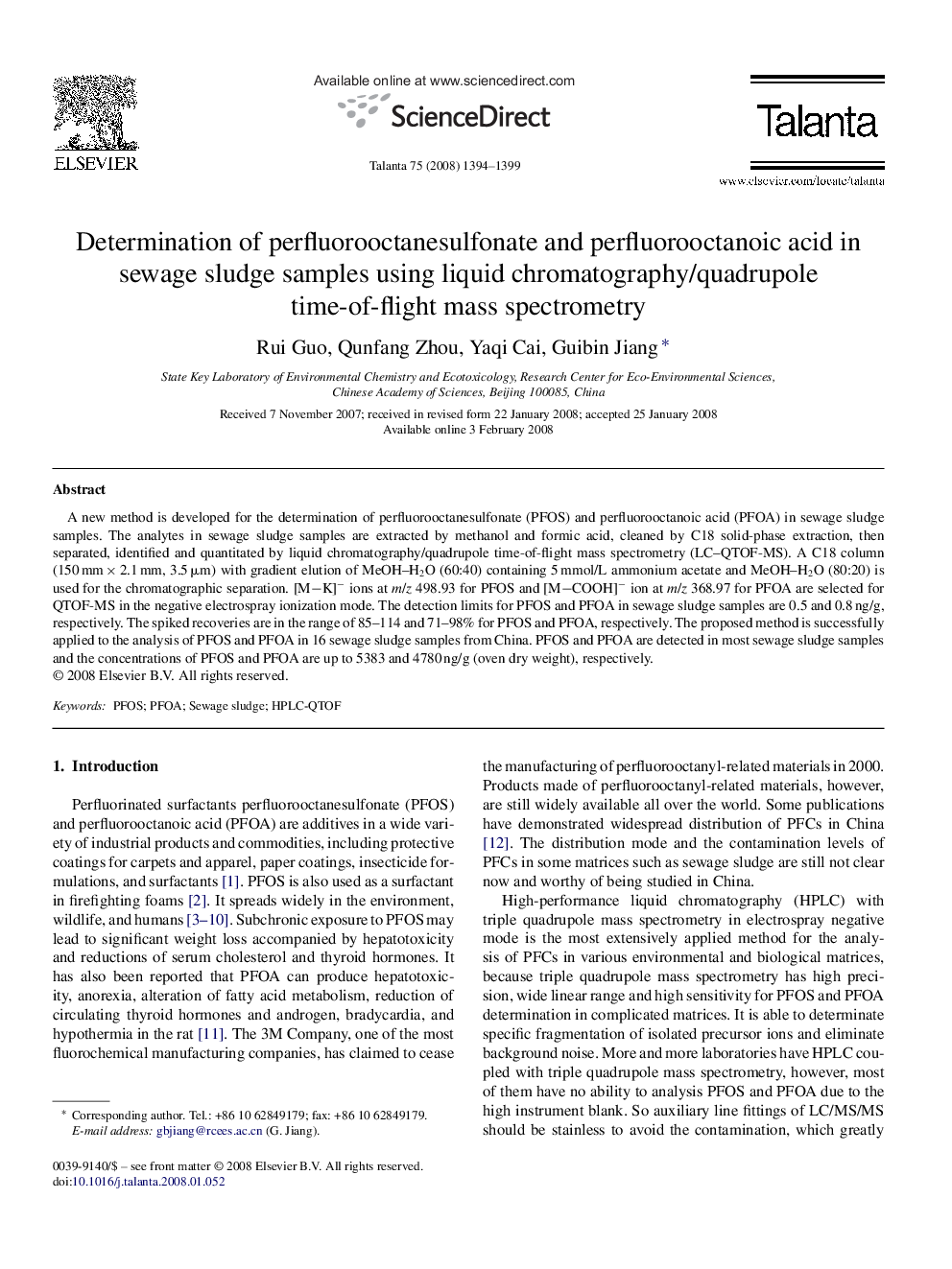 Determination of perfluorooctanesulfonate and perfluorooctanoic acid in sewage sludge samples using liquid chromatography/quadrupole time-of-flight mass spectrometry