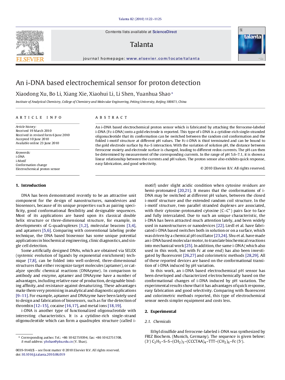 An i-DNA based electrochemical sensor for proton detection