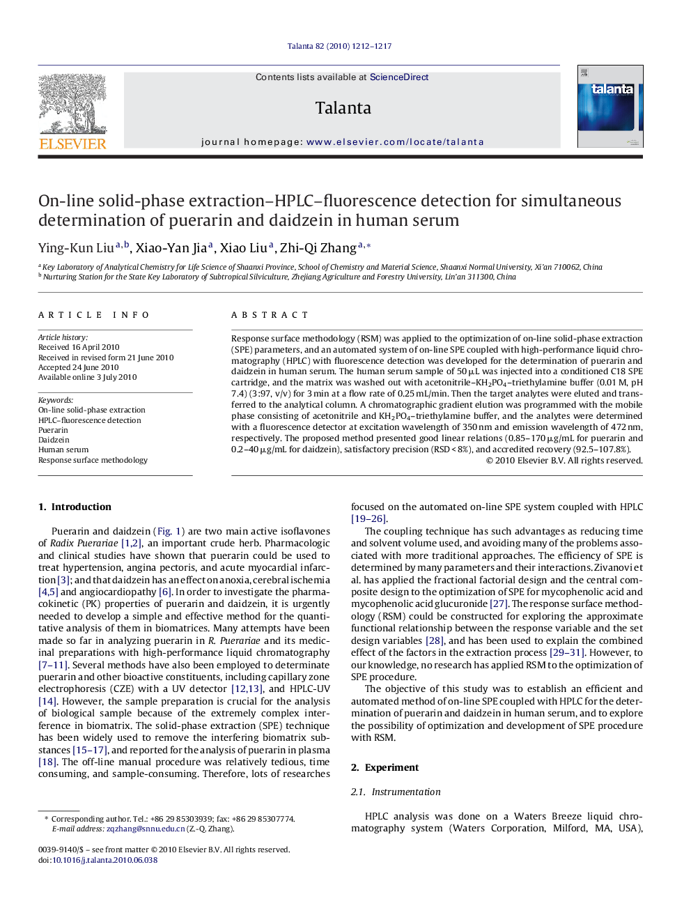 On-line solid-phase extraction–HPLC–fluorescence detection for simultaneous determination of puerarin and daidzein in human serum