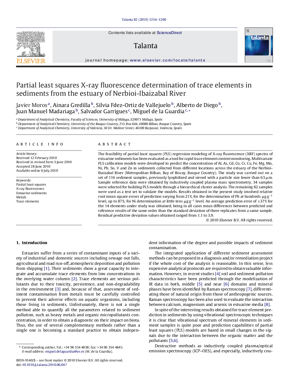 Partial least squares X-ray fluorescence determination of trace elements in sediments from the estuary of Nerbioi-Ibaizabal River