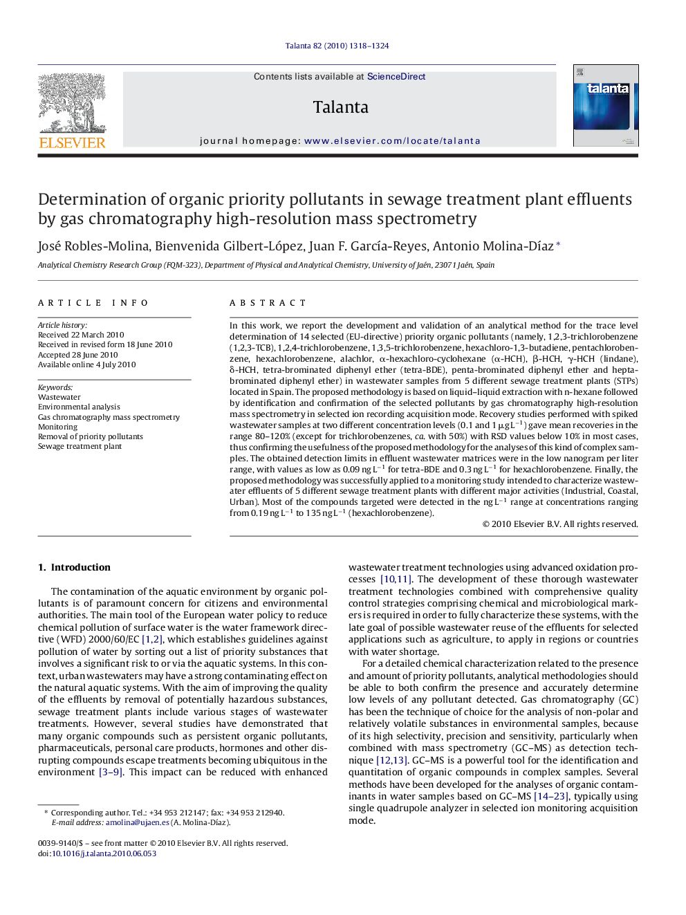 Determination of organic priority pollutants in sewage treatment plant effluents by gas chromatography high-resolution mass spectrometry