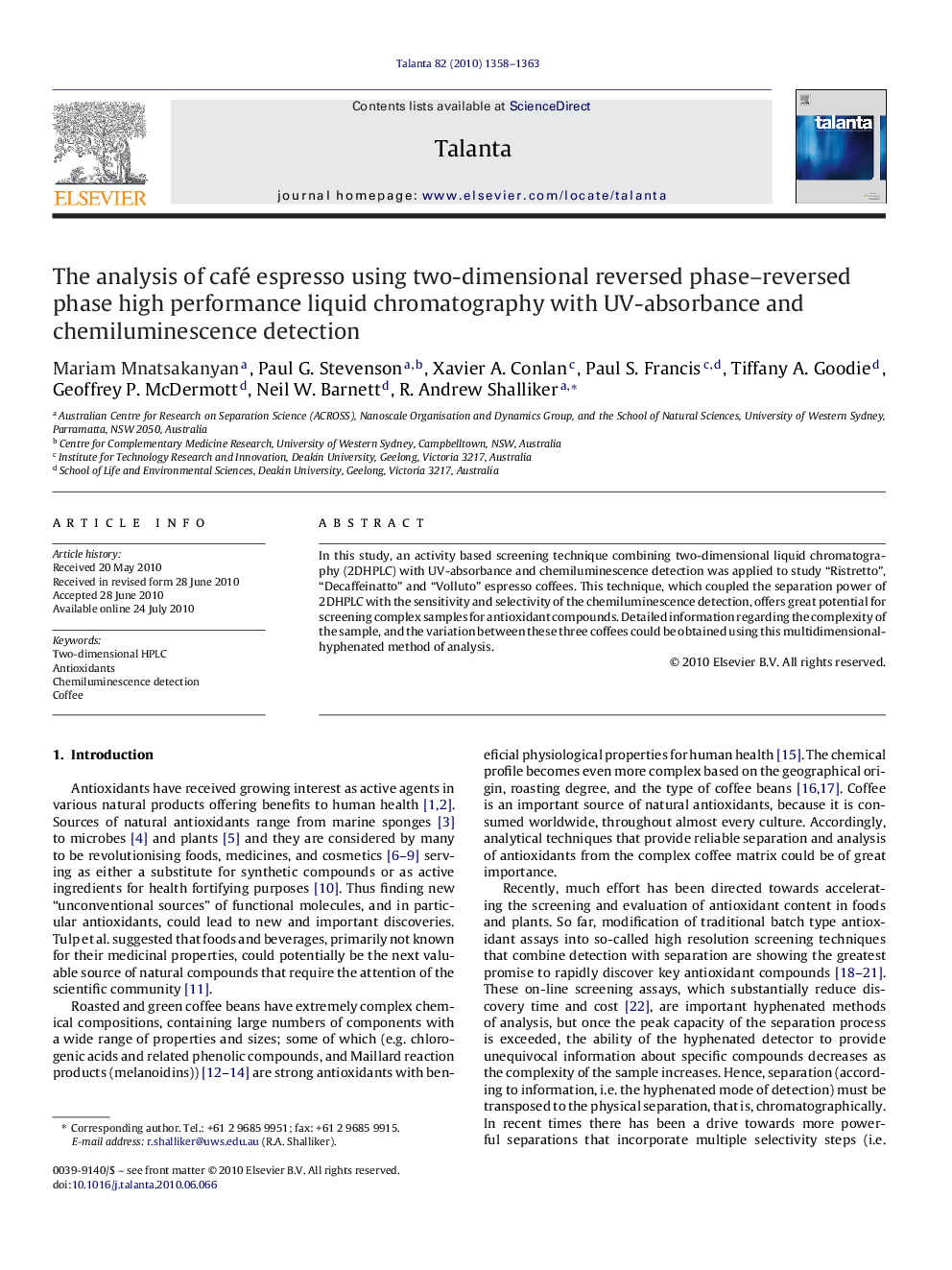 عکس صفحه اول مقاله: The analysis of café espresso using two-dimensional reversed phase-reversed phase high performance liquid chromatography with UV-absorbance and chemiluminescence detection The analysis of café espresso using two-dimensional reversed phase-reversed phase high performance liquid chromatography with UV-absorbance and chemiluminescence detection