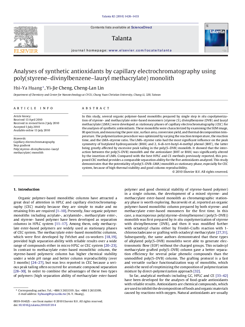 Analyses of synthetic antioxidants by capillary electrochromatography using poly(styrene–divinylbenzene–lauryl methacrylate) monolith