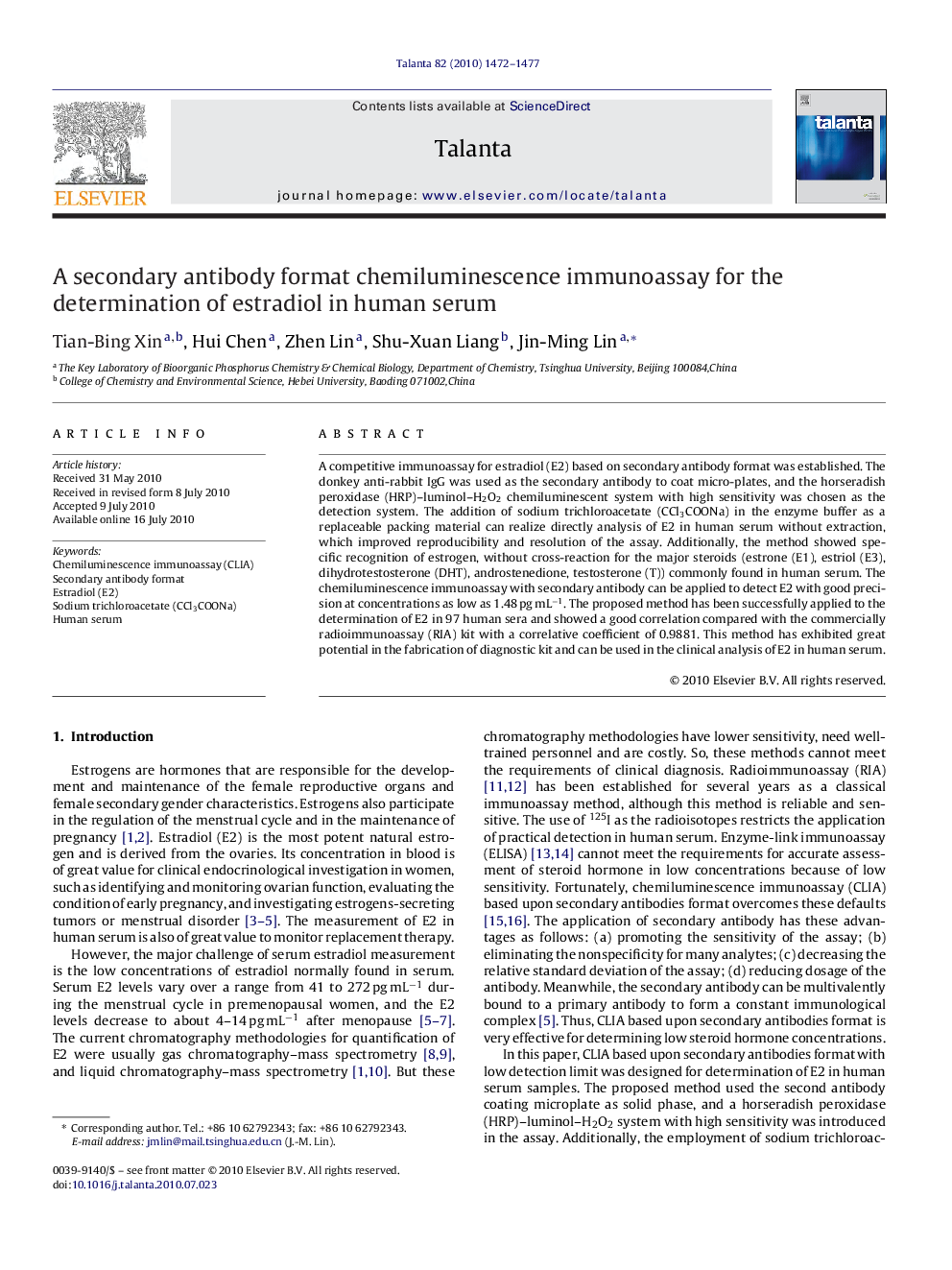 A secondary antibody format chemiluminescence immunoassay for the determination of estradiol in human serum