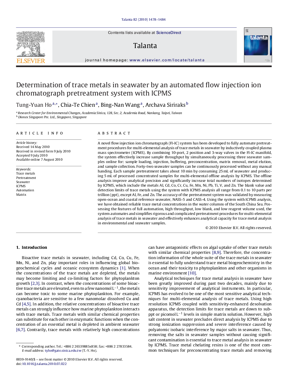 Determination of trace metals in seawater by an automated flow injection ion chromatograph pretreatment system with ICPMS