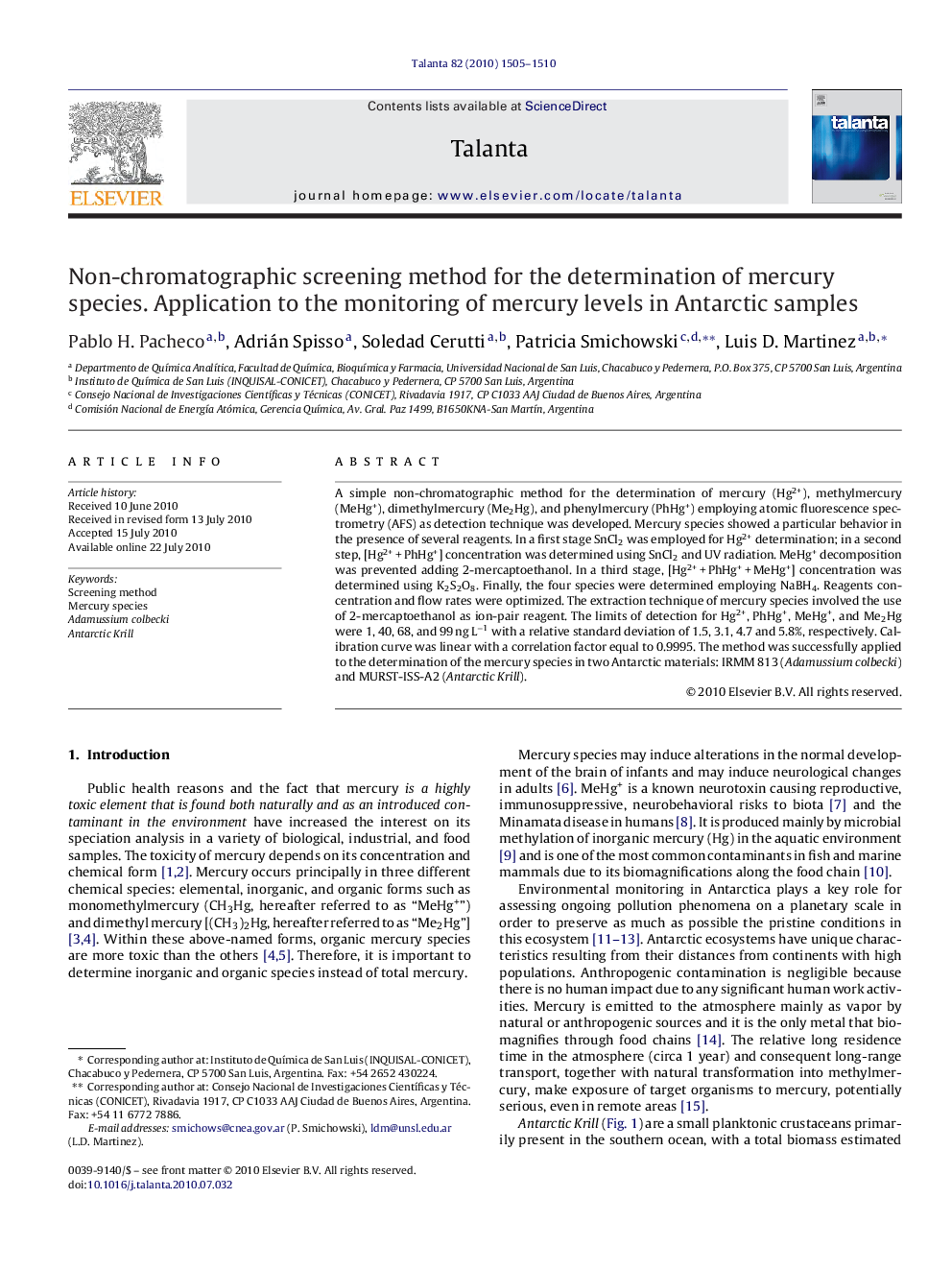 Non-chromatographic screening method for the determination of mercury species. Application to the monitoring of mercury levels in Antarctic samples