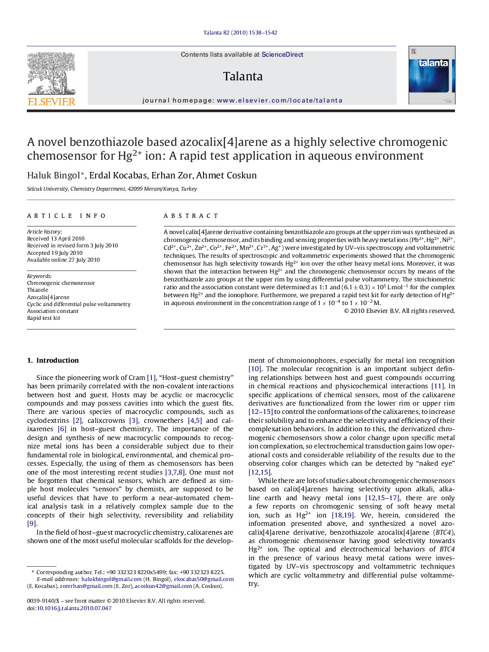 A novel benzothiazole based azocalix[4]arene as a highly selective chromogenic chemosensor for Hg2+ ion: A rapid test application in aqueous environment