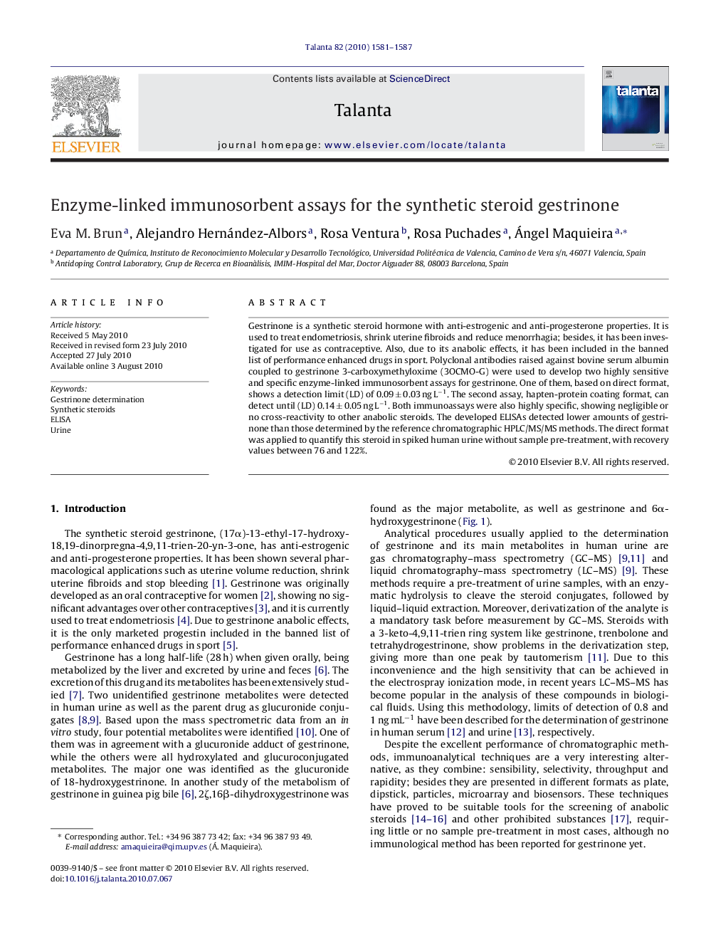 Enzyme-linked immunosorbent assays for the synthetic steroid gestrinone