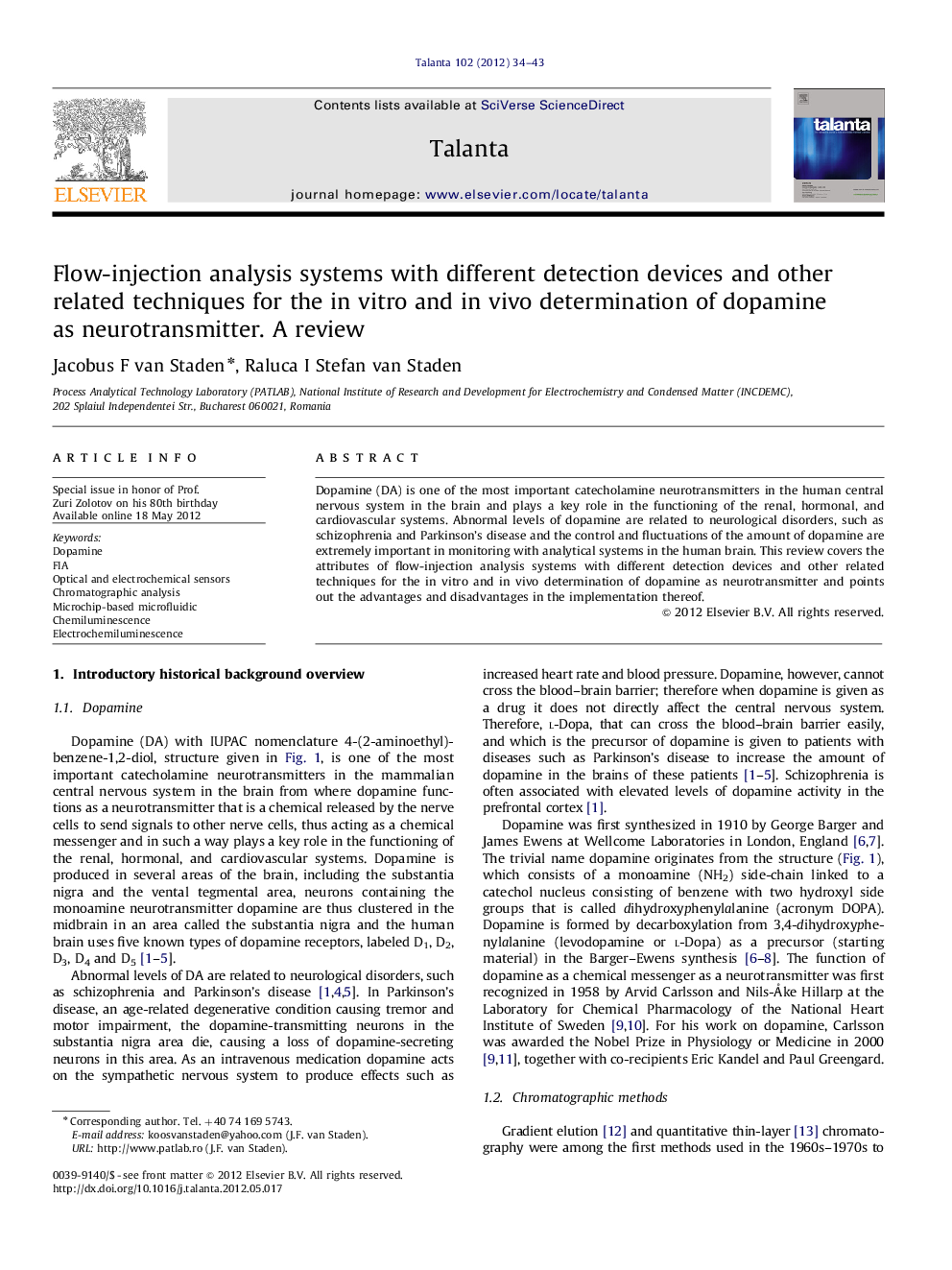 Flow-injection analysis systems with different detection devices and other related techniques for the in vitro and in vivo determination of dopamine as neurotransmitter. A review