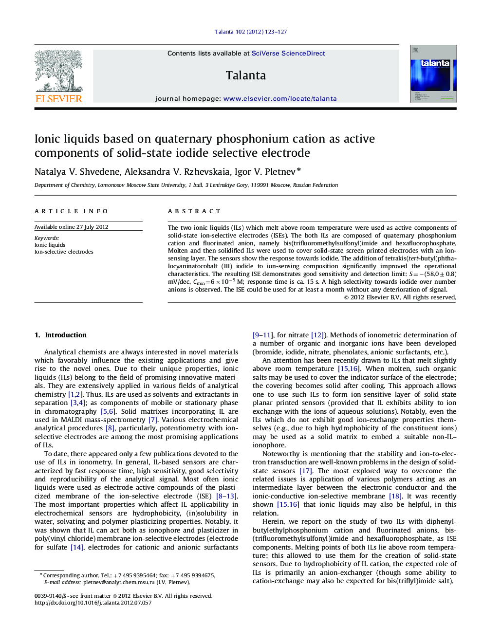 Ionic liquids based on quaternary phosphonium cation as active components of solid-state iodide selective electrode