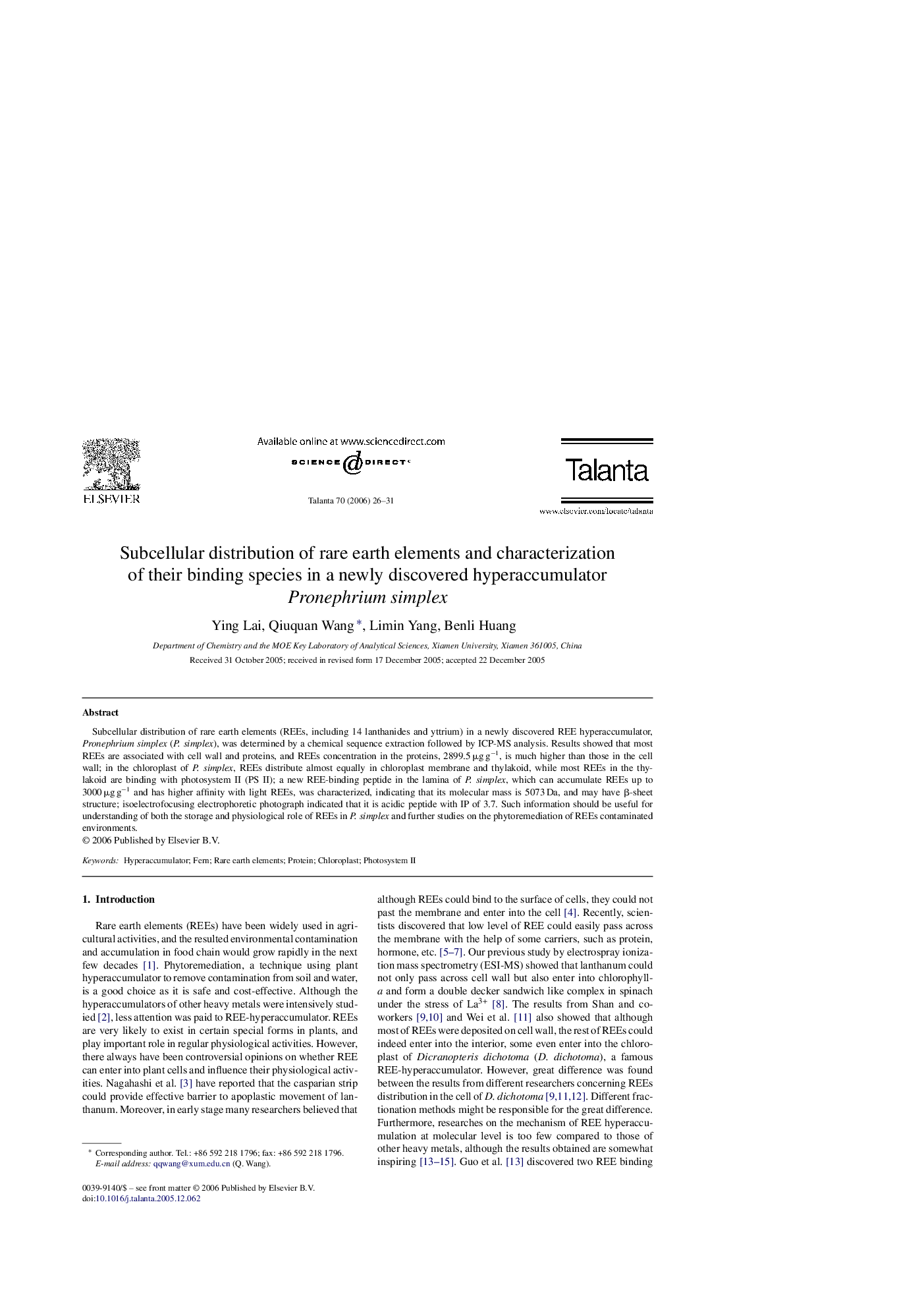 Subcellular distribution of rare earth elements and characterization of their binding species in a newly discovered hyperaccumulator Pronephrium simplex