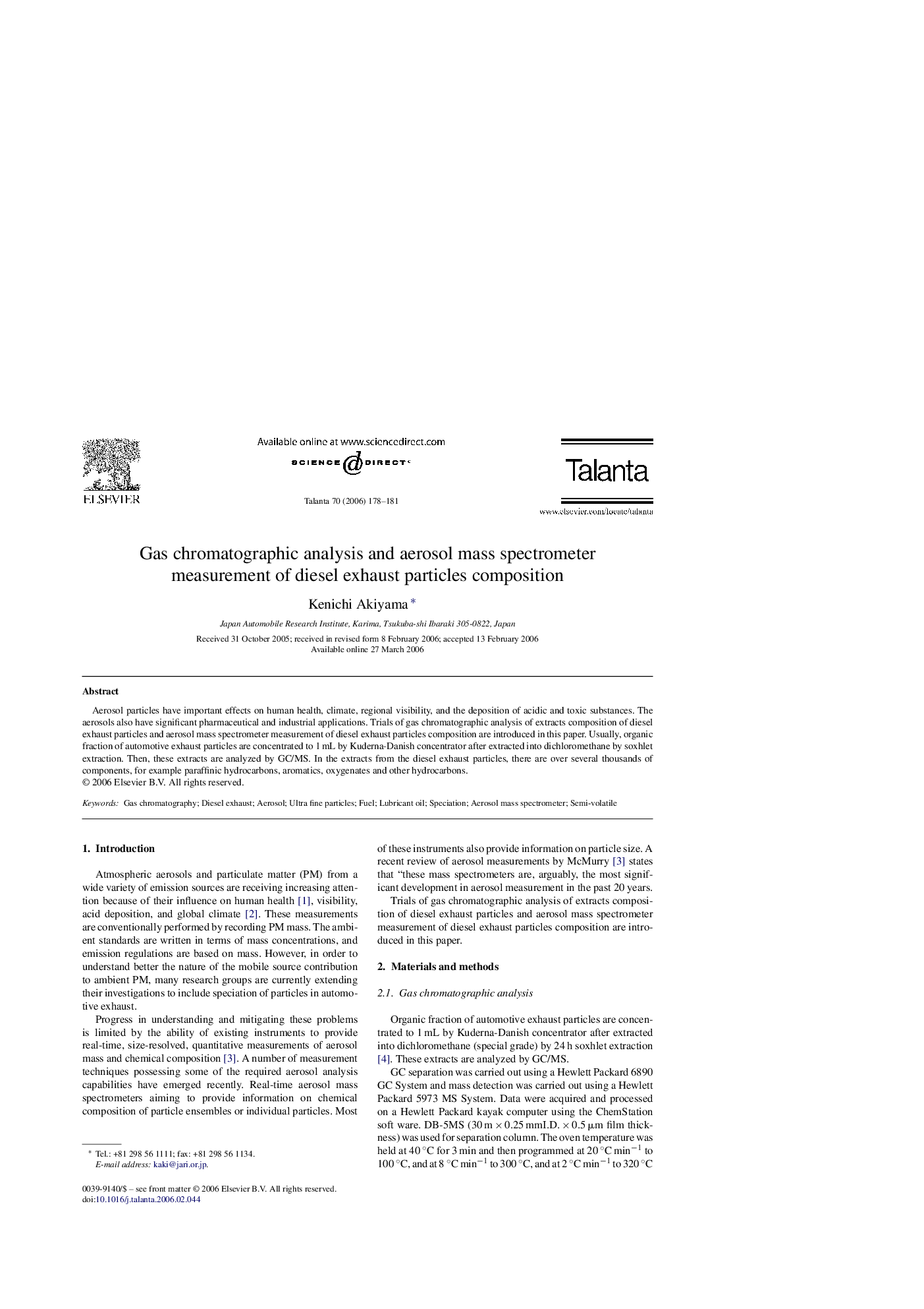 Gas chromatographic analysis and aerosol mass spectrometer measurement of diesel exhaust particles composition