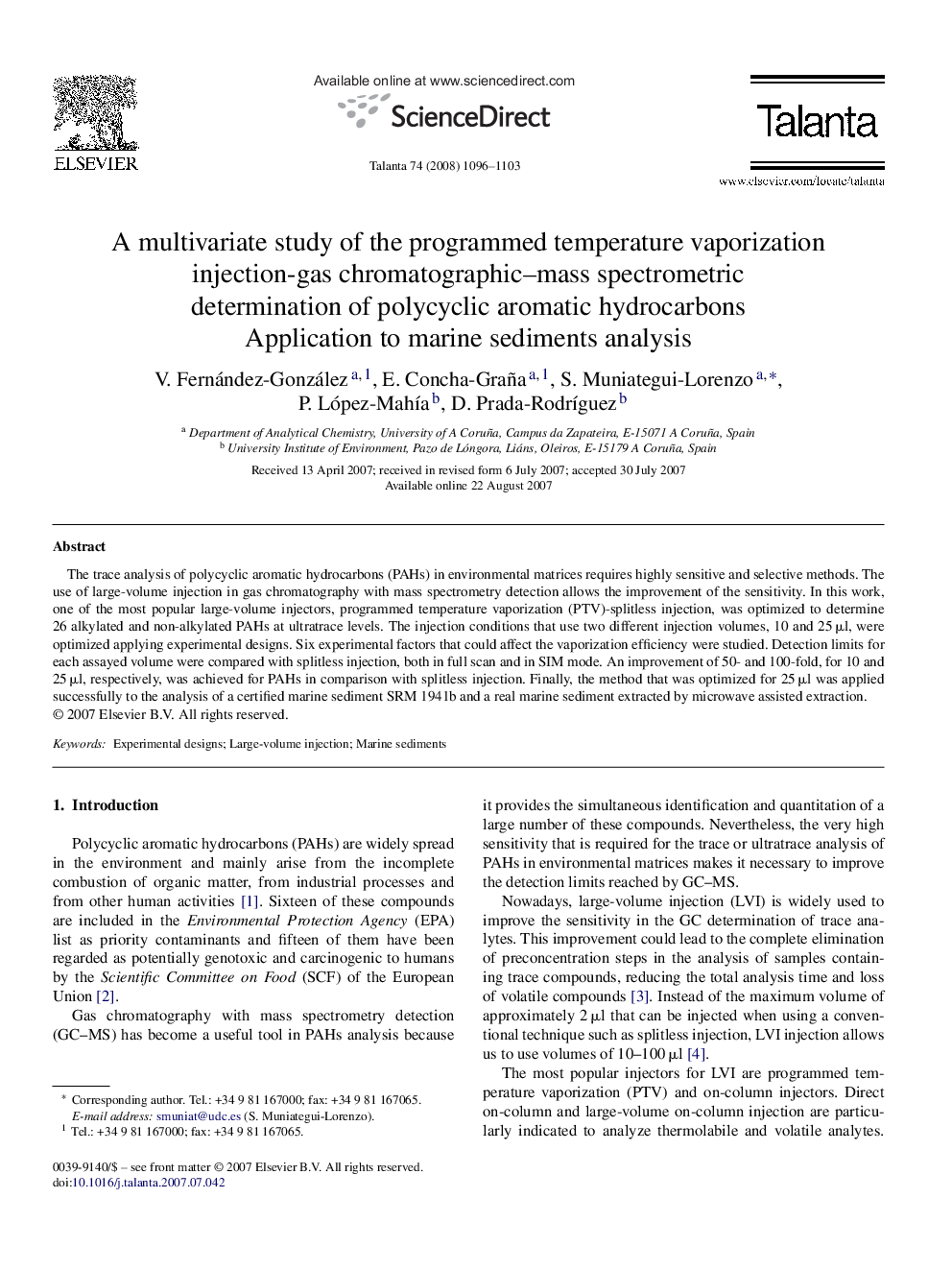 A multivariate study of the programmed temperature vaporization injection-gas chromatographic–mass spectrometric determination of polycyclic aromatic hydrocarbons: Application to marine sediments analysis