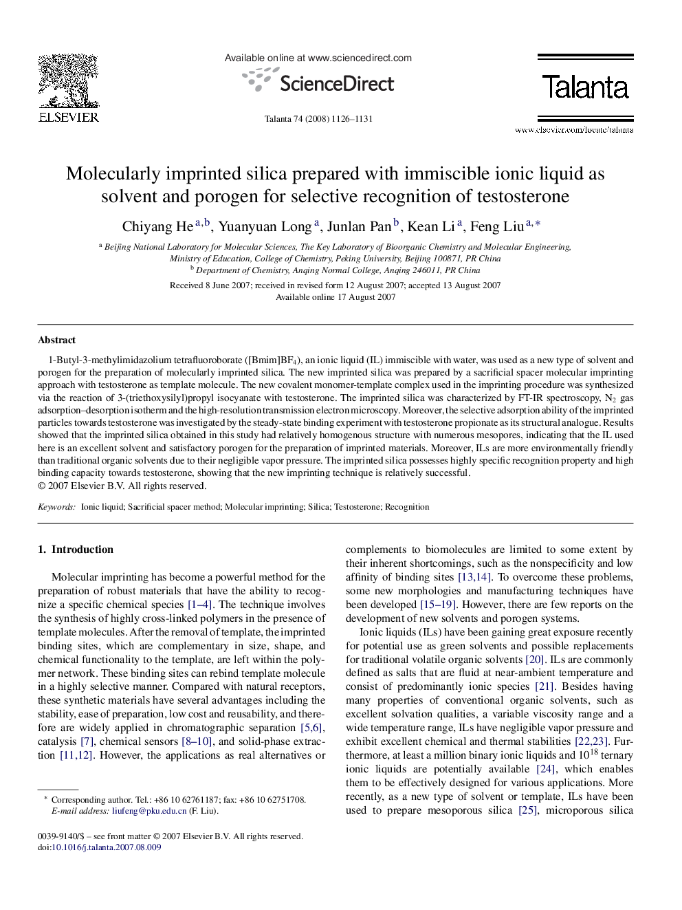 Molecularly imprinted silica prepared with immiscible ionic liquid as solvent and porogen for selective recognition of testosterone