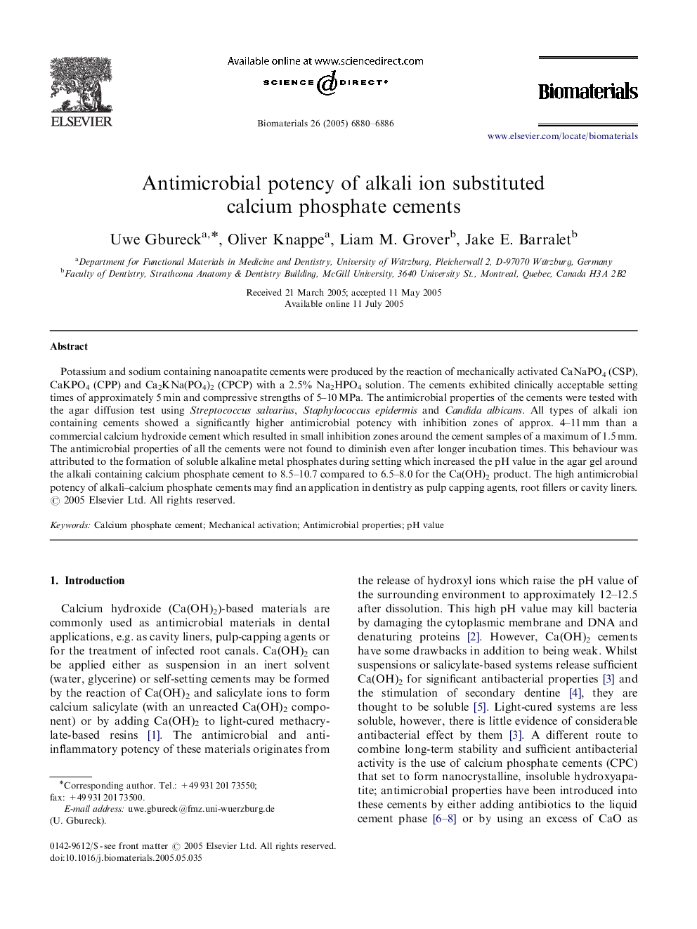عکس صفحه اول مقاله: Antimicrobial potency of alkali ion substituted calcium phosphate cements Antimicrobial potency of alkali ion substituted calcium phosphate cements