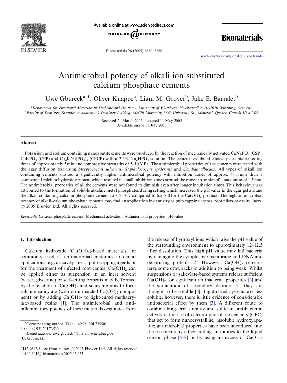 Antimicrobial potency of alkali ion substituted calcium phosphate cements