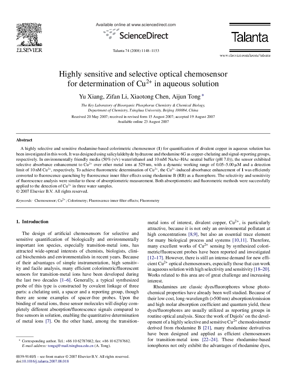 Highly sensitive and selective optical chemosensor for determination of Cu2+ in aqueous solution