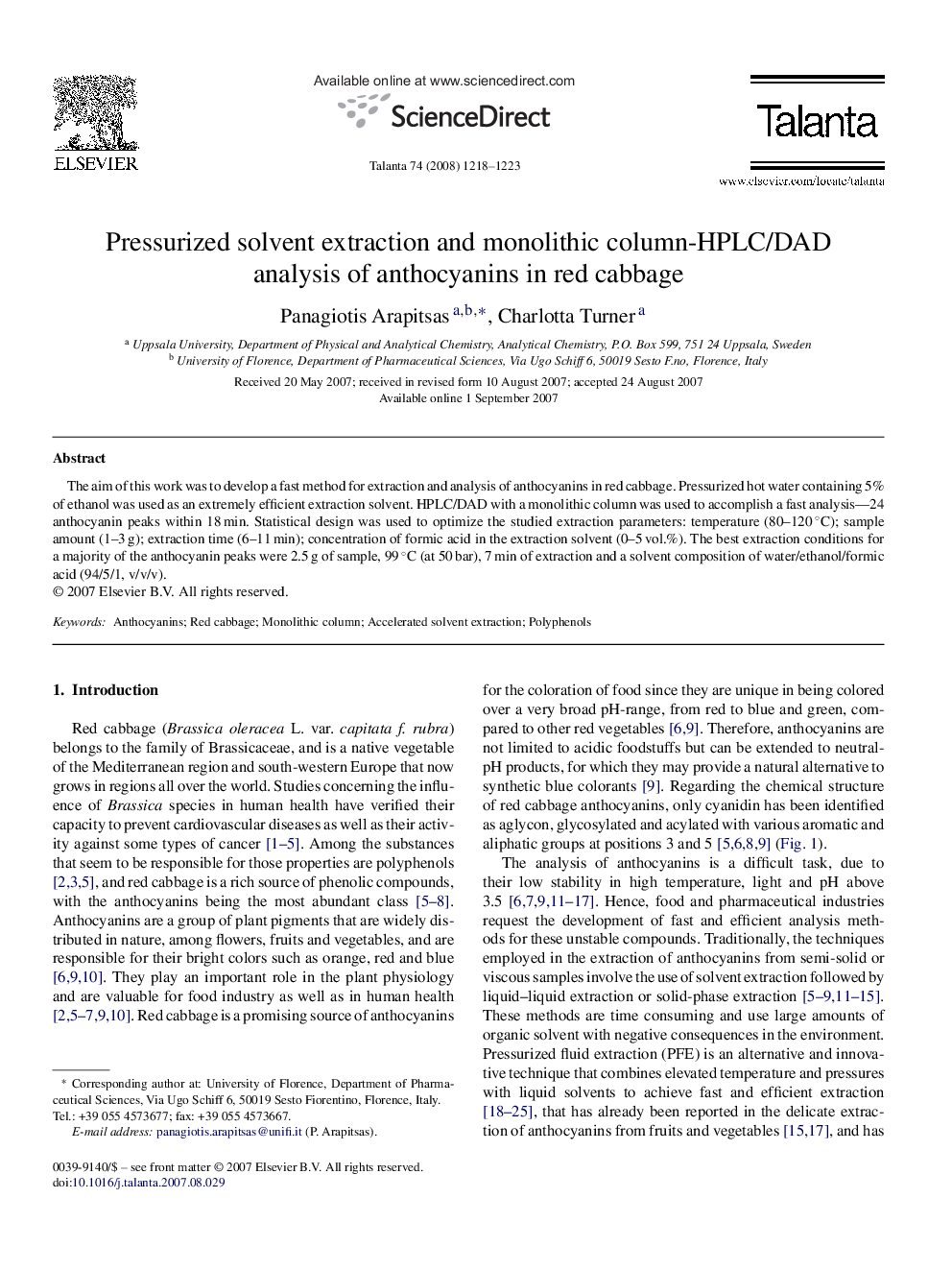 Pressurized solvent extraction and monolithic column-HPLC/DAD analysis of anthocyanins in red cabbage