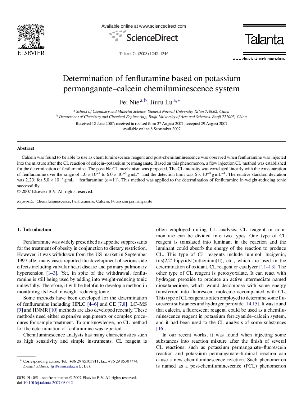 Determination of fenfluramine based on potassium permanganate–calcein chemiluminescence system