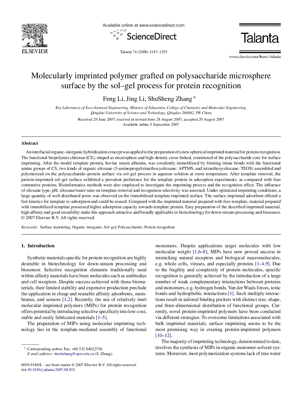 Molecularly imprinted polymer grafted on polysaccharide microsphere surface by the sol–gel process for protein recognition