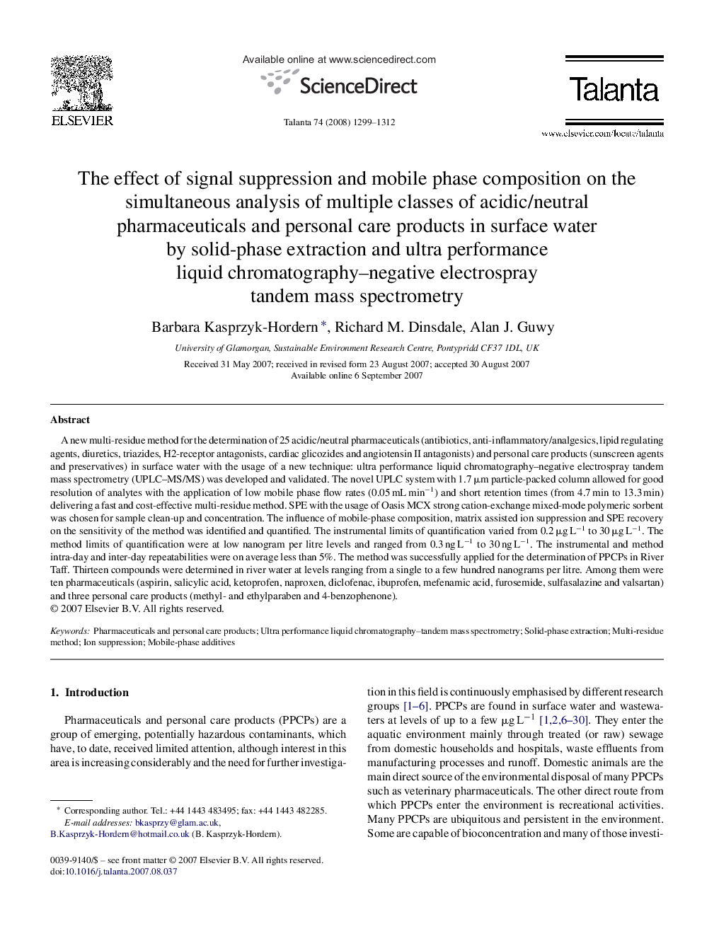 The effect of signal suppression and mobile phase composition on the simultaneous analysis of multiple classes of acidic/neutral pharmaceuticals and personal care products in surface water by solid-phase extraction and ultra performance liquid chromatogra