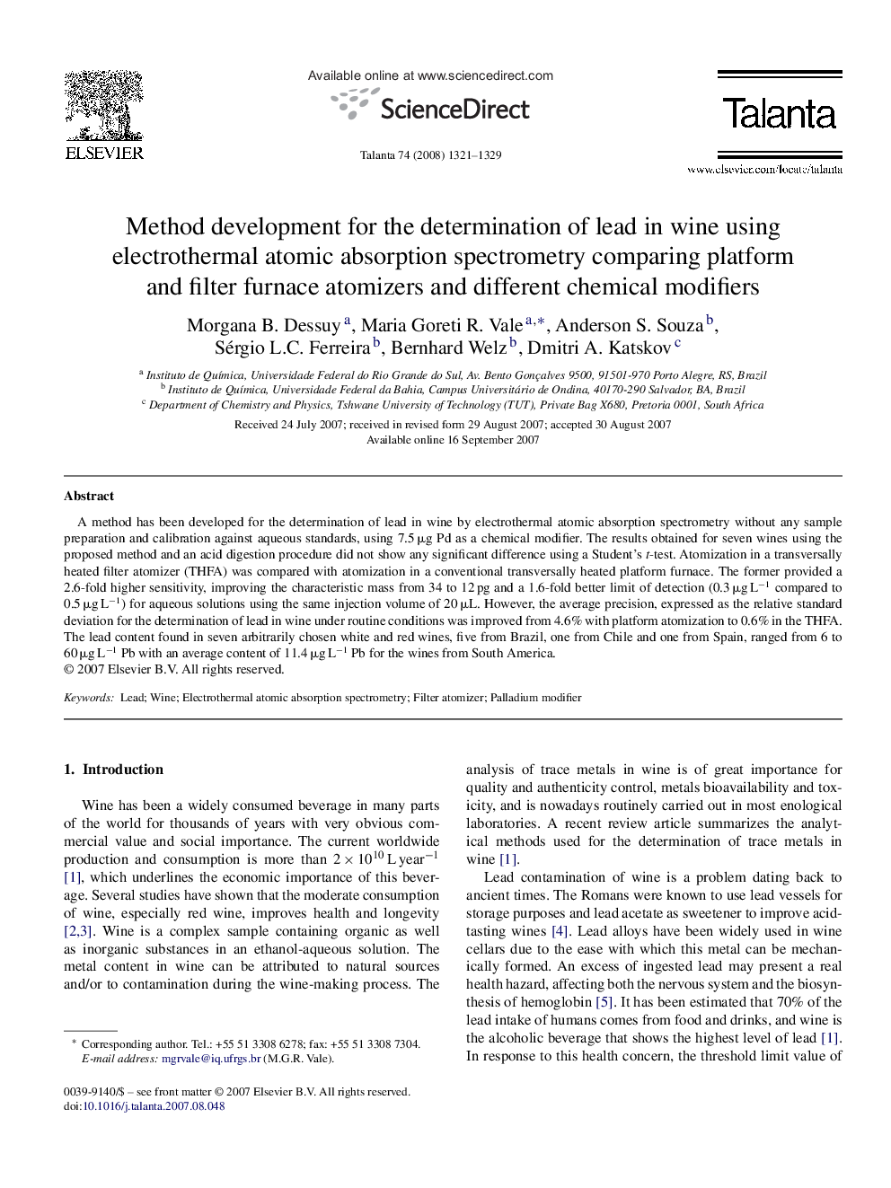 Method development for the determination of lead in wine using electrothermal atomic absorption spectrometry comparing platform and filter furnace atomizers and different chemical modifiers