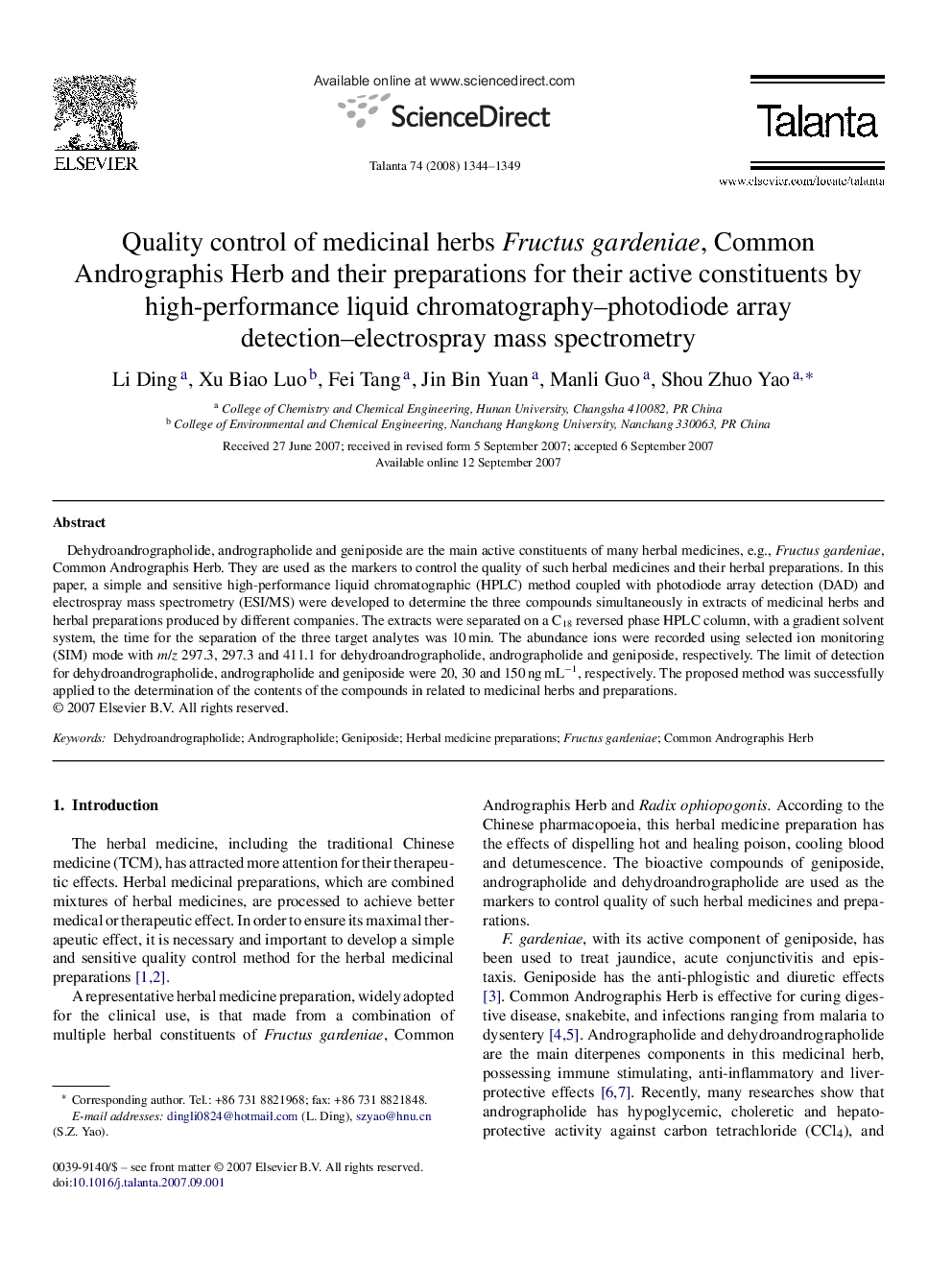 Quality control of medicinal herbs Fructus gardeniae, Common Andrographis Herb and their preparations for their active constituents by high-performance liquid chromatography–photodiode array detection–electrospray mass spectrometry