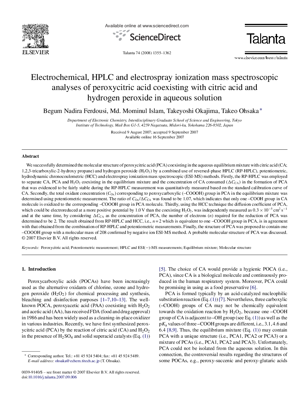 Electrochemical, HPLC and electrospray ionization mass spectroscopic analyses of peroxycitric acid coexisting with citric acid and hydrogen peroxide in aqueous solution