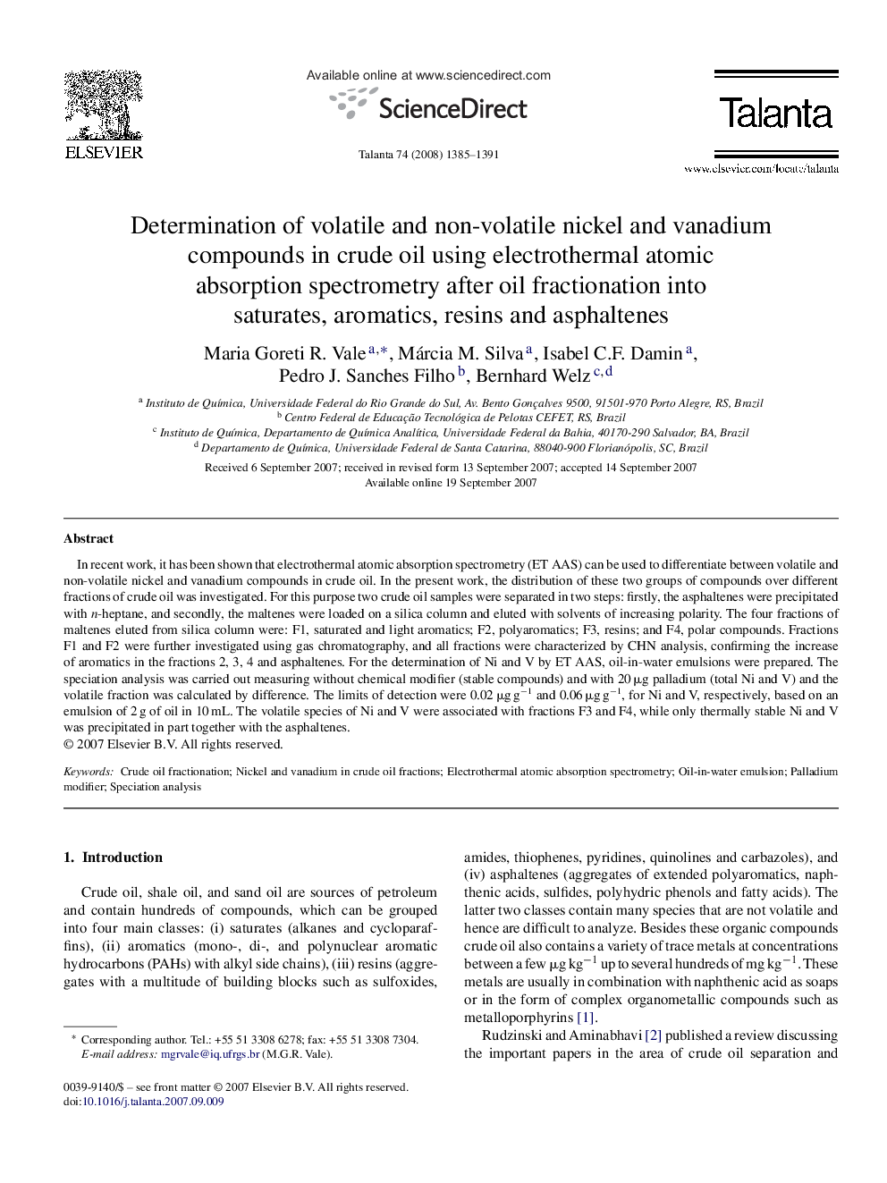 Determination of volatile and non-volatile nickel and vanadium compounds in crude oil using electrothermal atomic absorption spectrometry after oil fractionation into saturates, aromatics, resins and asphaltenes