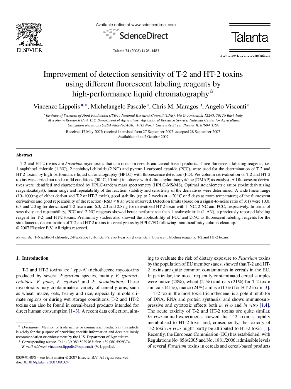 Improvement of detection sensitivity of T-2 and HT-2 toxins using different fluorescent labeling reagents by high-performance liquid chromatography 