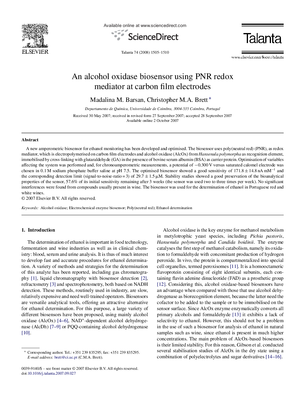 An alcohol oxidase biosensor using PNR redox mediator at carbon film electrodes