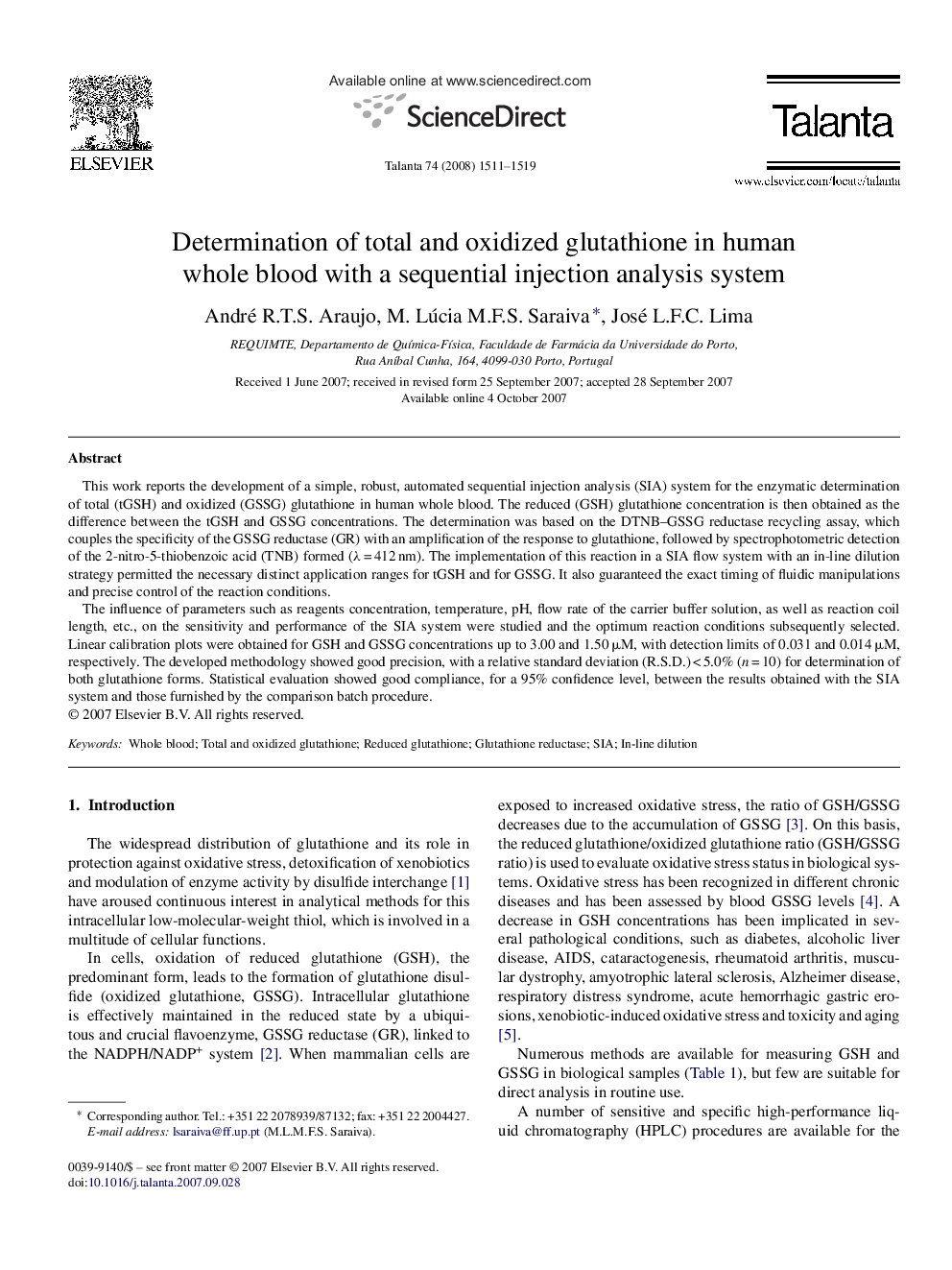 Determination of total and oxidized glutathione in human whole blood with a sequential injection analysis system