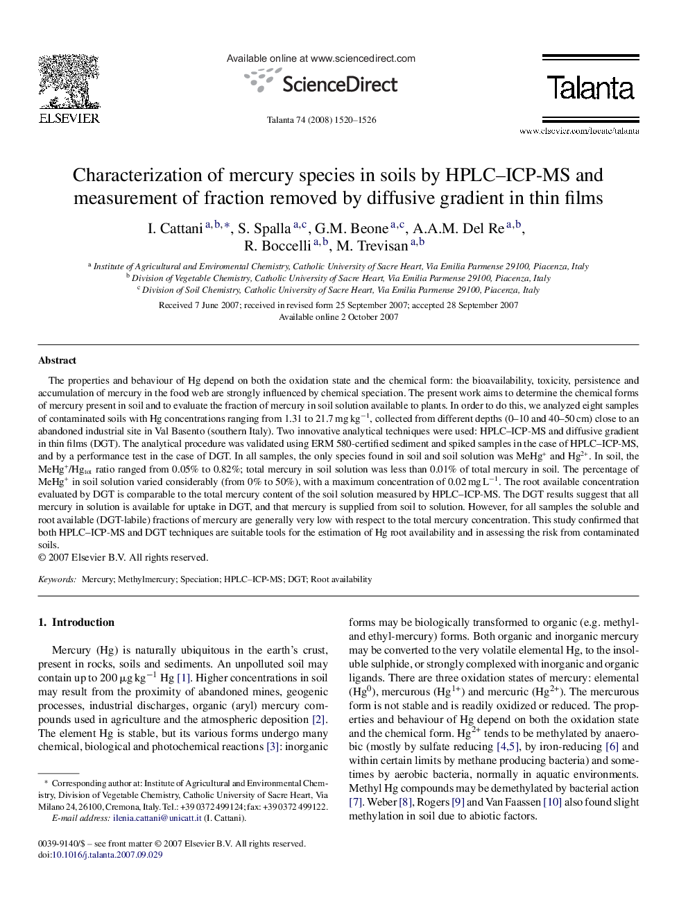 Characterization of mercury species in soils by HPLC–ICP-MS and measurement of fraction removed by diffusive gradient in thin films