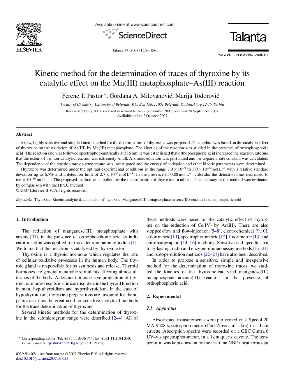 Kinetic method for the determination of traces of thyroxine by its catalytic effect on the Mn(III) metaphosphate–As(III) reaction