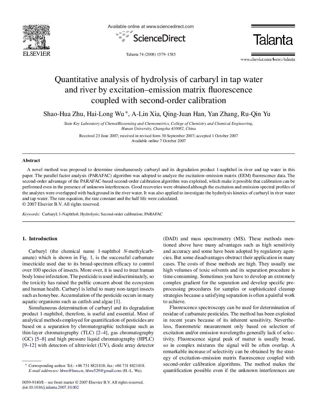 Quantitative analysis of hydrolysis of carbaryl in tap water and river by excitation–emission matrix fluorescence coupled with second-order calibration