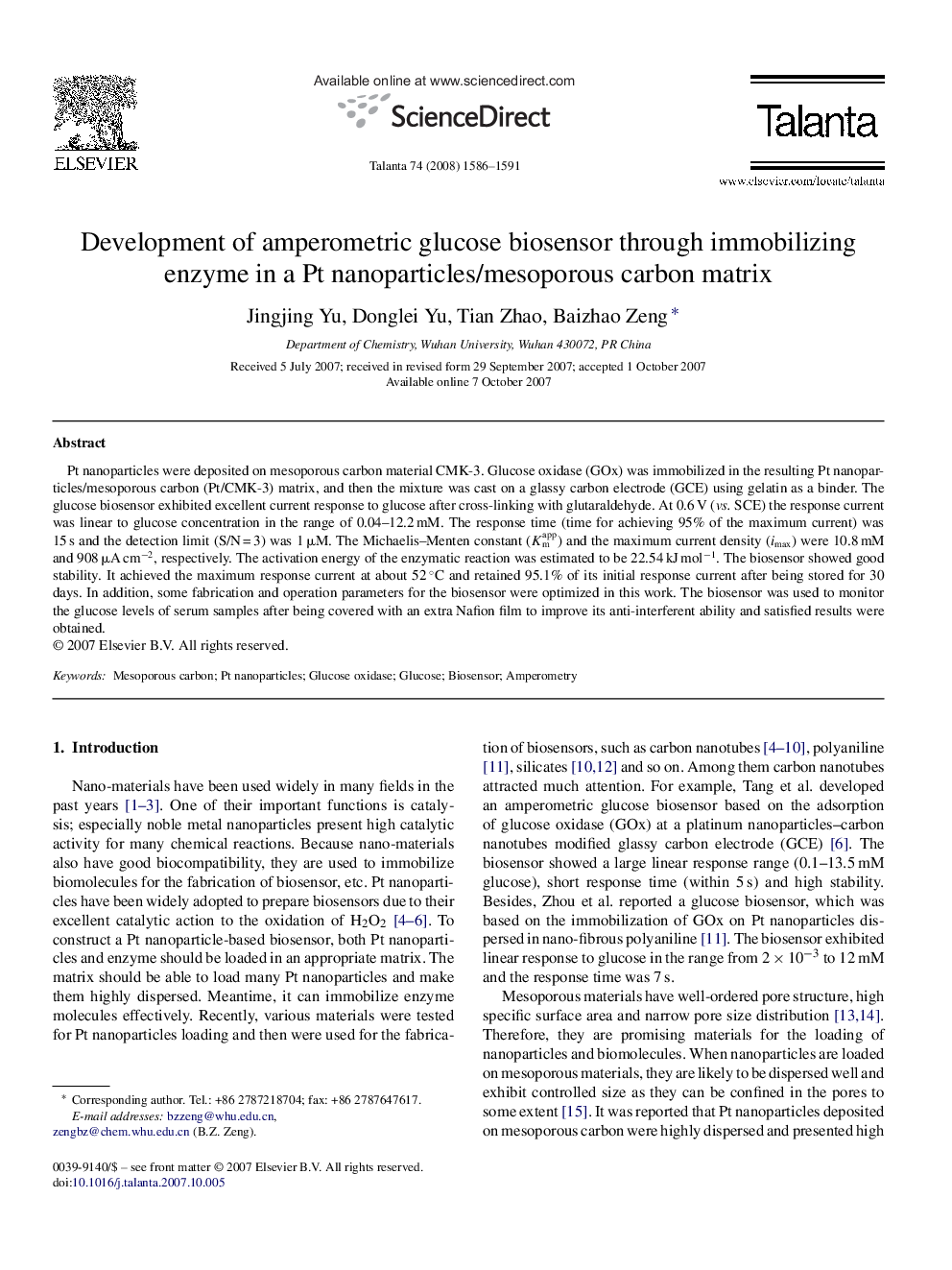 Development of amperometric glucose biosensor through immobilizing enzyme in a Pt nanoparticles/mesoporous carbon matrix