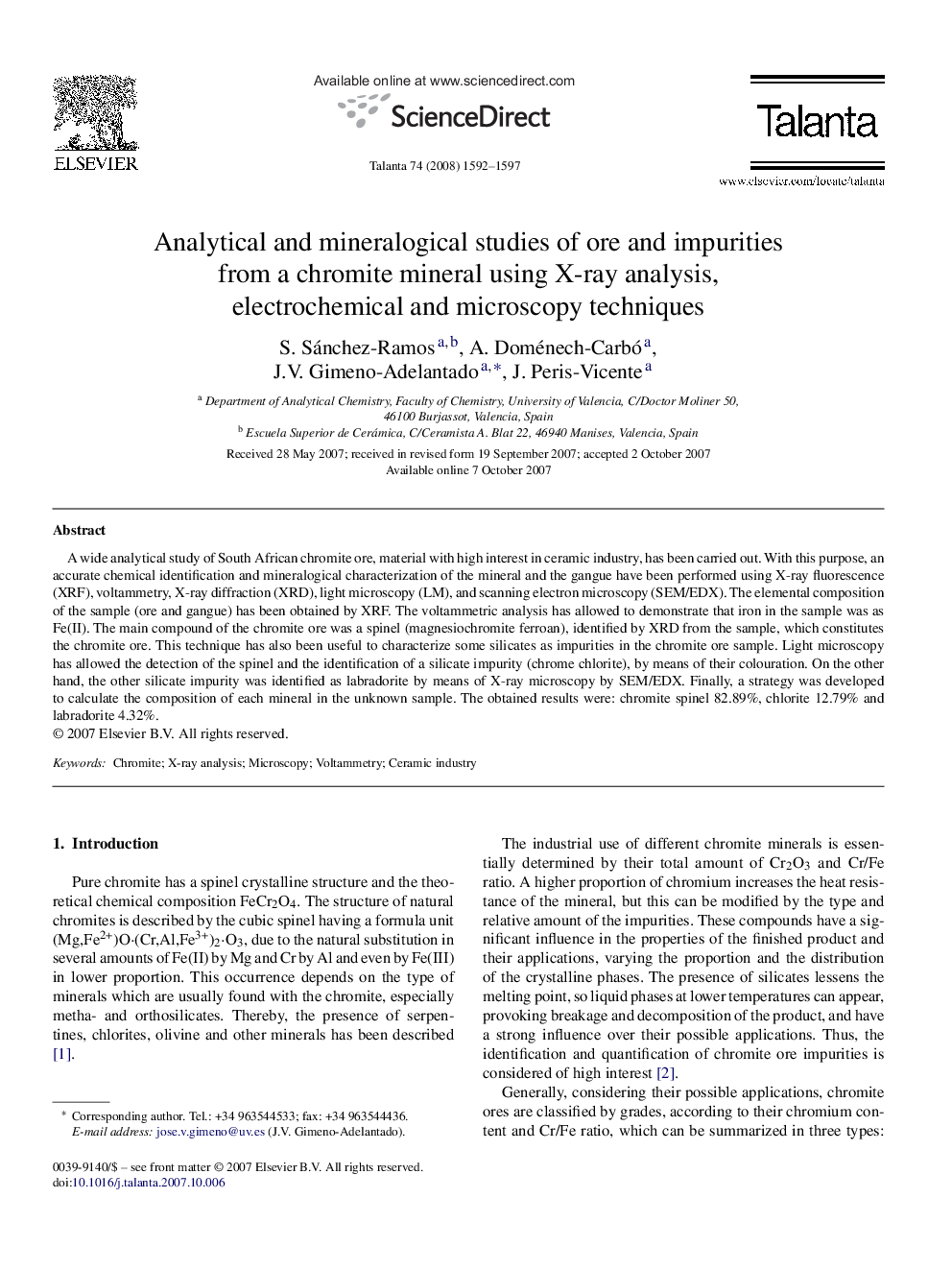 Analytical and mineralogical studies of ore and impurities from a chromite mineral using X-ray analysis, electrochemical and microscopy techniques