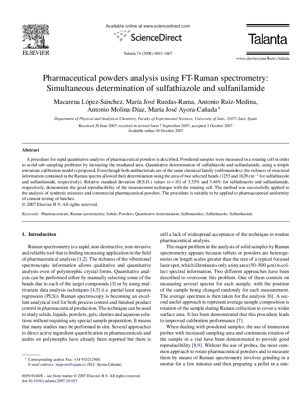 Pharmaceutical powders analysis using FT-Raman spectrometry: Simultaneous determination of sulfathiazole and sulfanilamide