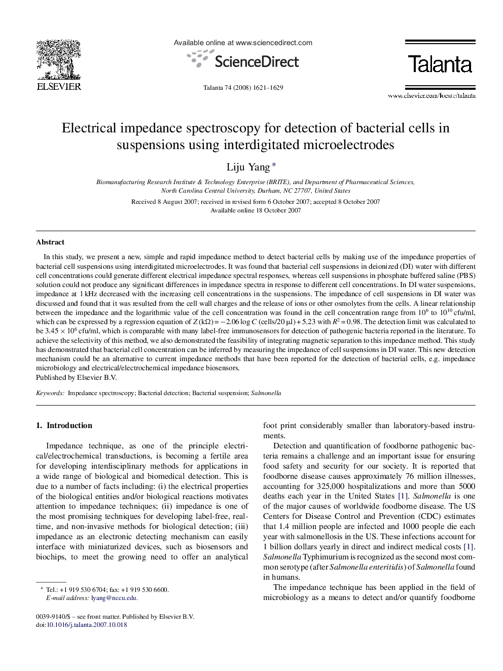 Electrical impedance spectroscopy for detection of bacterial cells in suspensions using interdigitated microelectrodes