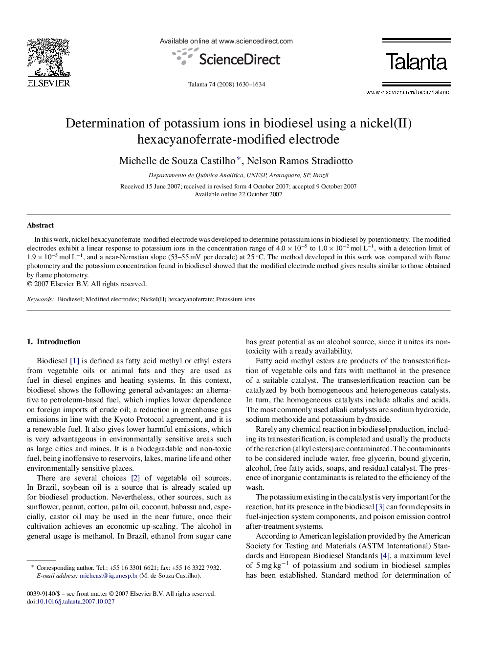 Determination of potassium ions in biodiesel using a nickel(II) hexacyanoferrate-modified electrode