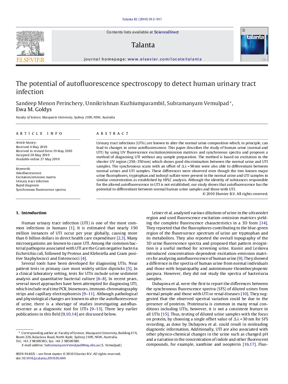 The potential of autofluorescence spectroscopy to detect human urinary tract infection