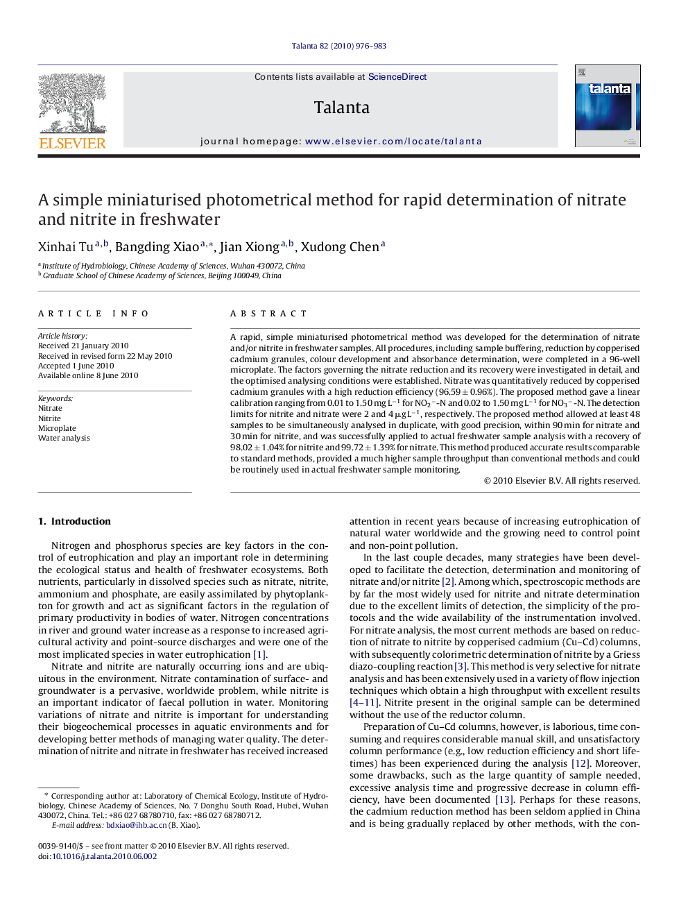 A simple miniaturised photometrical method for rapid determination of nitrate and nitrite in freshwater