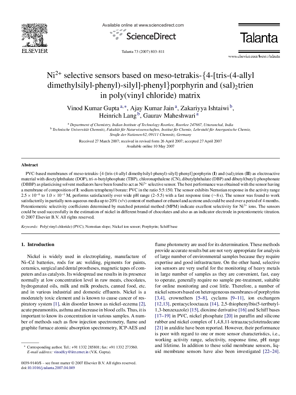 Ni2+ selective sensors based on meso-tetrakis-{4-[tris-(4-allyl dimethylsilyl-phenyl)-silyl]-phenyl}porphyrin and (sal)2trien in poly(vinyl chloride) matrix