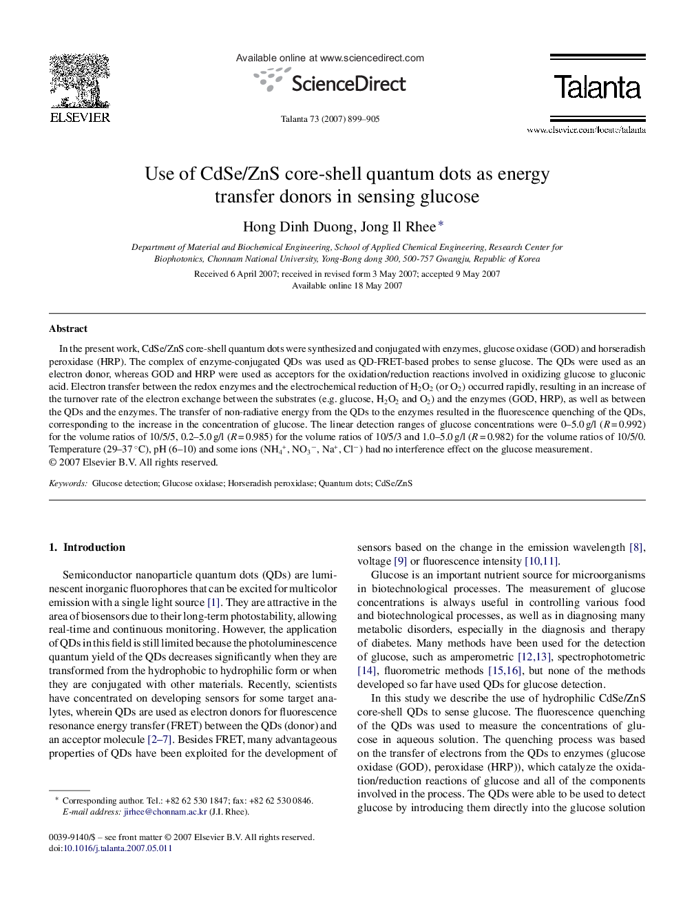 Use of CdSe/ZnS core-shell quantum dots as energy transfer donors in sensing glucose