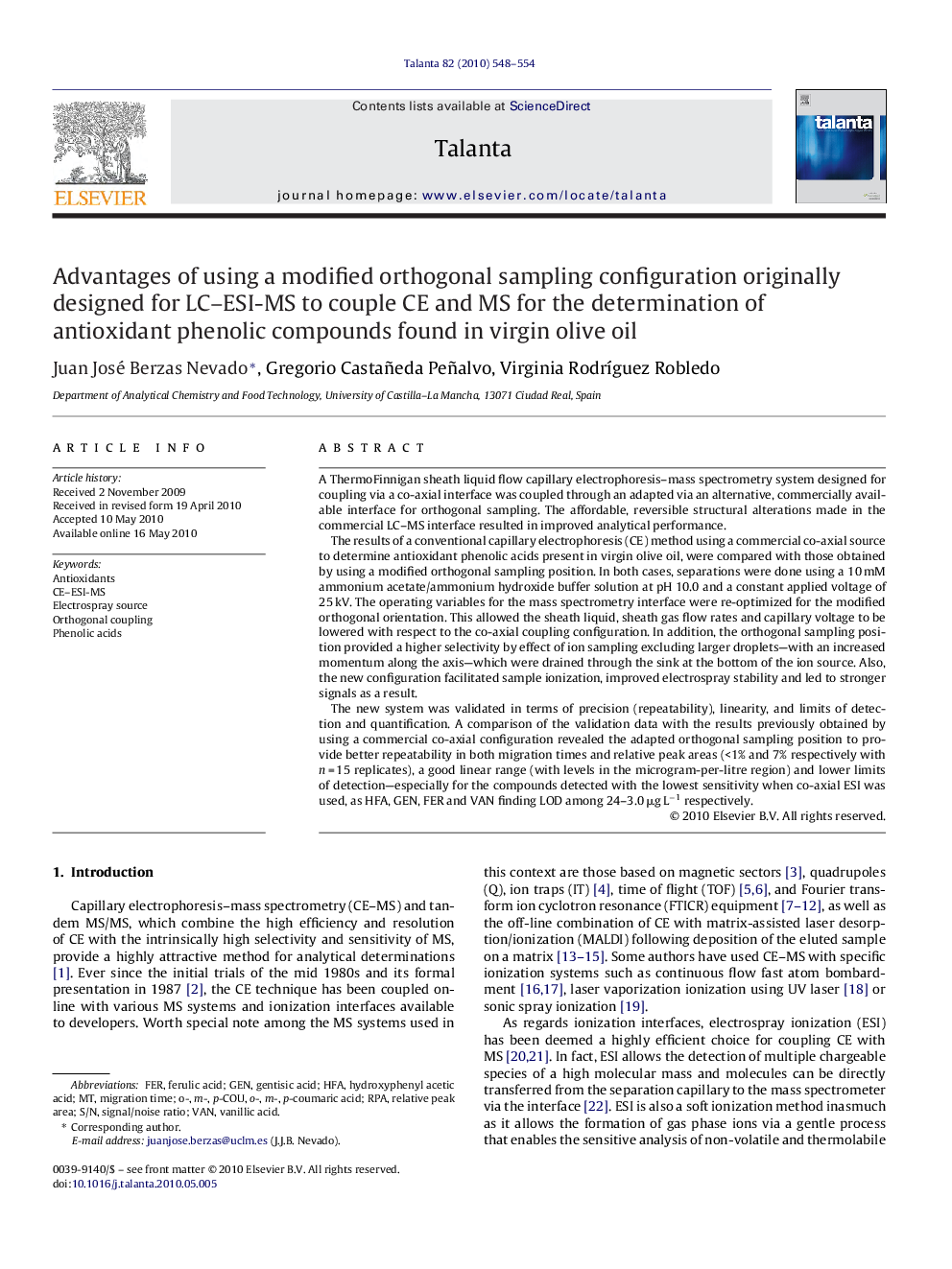 Advantages of using a modified orthogonal sampling configuration originally designed for LC–ESI-MS to couple CE and MS for the determination of antioxidant phenolic compounds found in virgin olive oil